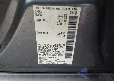 2015 Nissan Altima 2.5 Sv z USA, uszkodzony, nr VIN 1N4AL3AP5FC460275